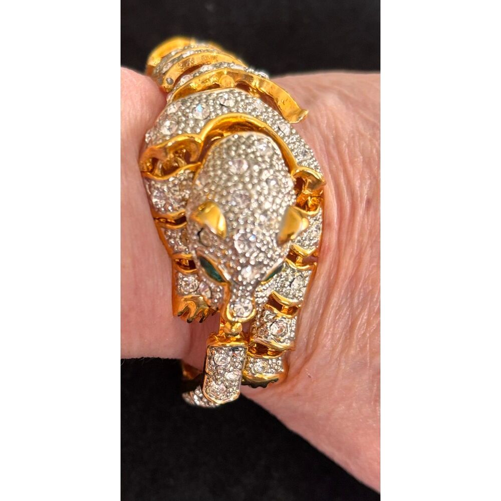 Vtg Articulated Pavé Rhinestone Panther Leopard Bracelet Gold Tone - Picture 4 of 8